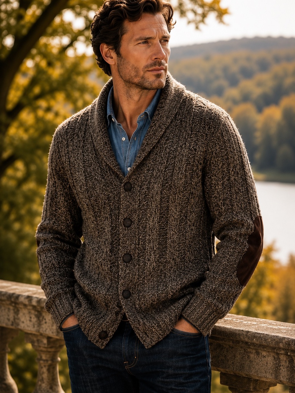 Jos. A. Bank Wool Cable Knit Shawl Collar Cardigan L Unisex Elbow Patch